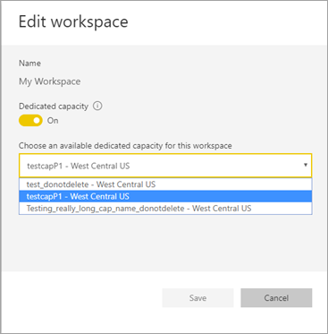 Edit workspace: Choose an available capacity. Power BI Multi-Geo