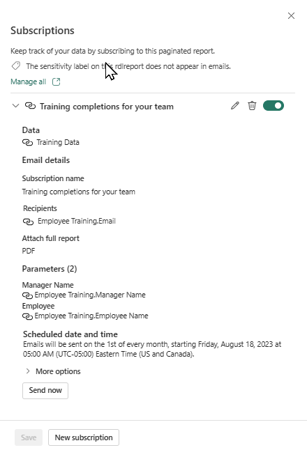 Screenshot of the Power BI service showing the Subscriptions pane.