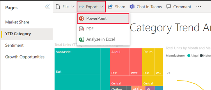 Screenshot showing Export PowerPoint menu bar selections.