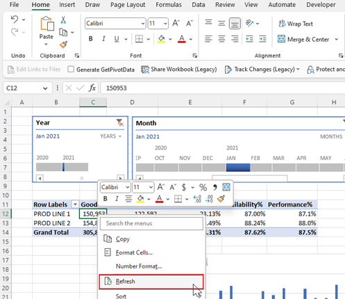 Screenshot showing refreshing a single object in Excel.