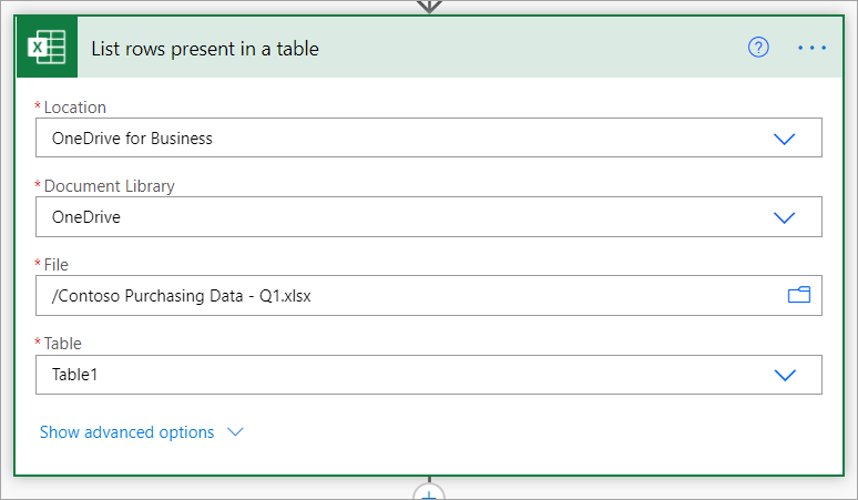 Select the Excel Online file and name of the table.