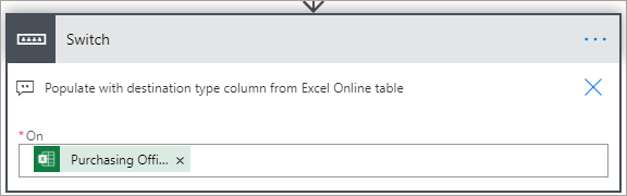 Screenshot that shows the Switch section where you populate the On box with the column in your Excel Online table.