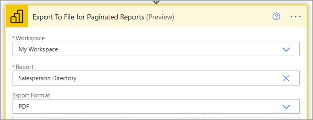 Screenshot that shows where to select the paginated report, the workspace, and the export format.