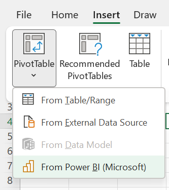 Screenshot that shows how to select a PivotTable from Power BI.