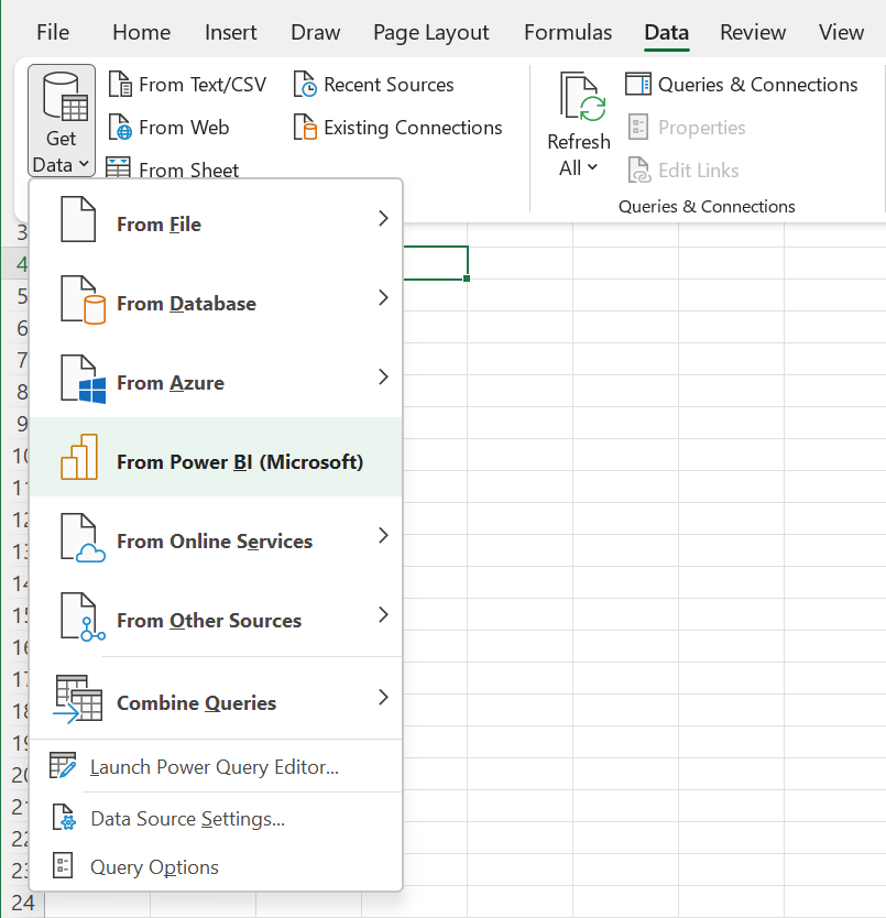 Screenshot that shows how to connect to Power BI from the Data ribbon.