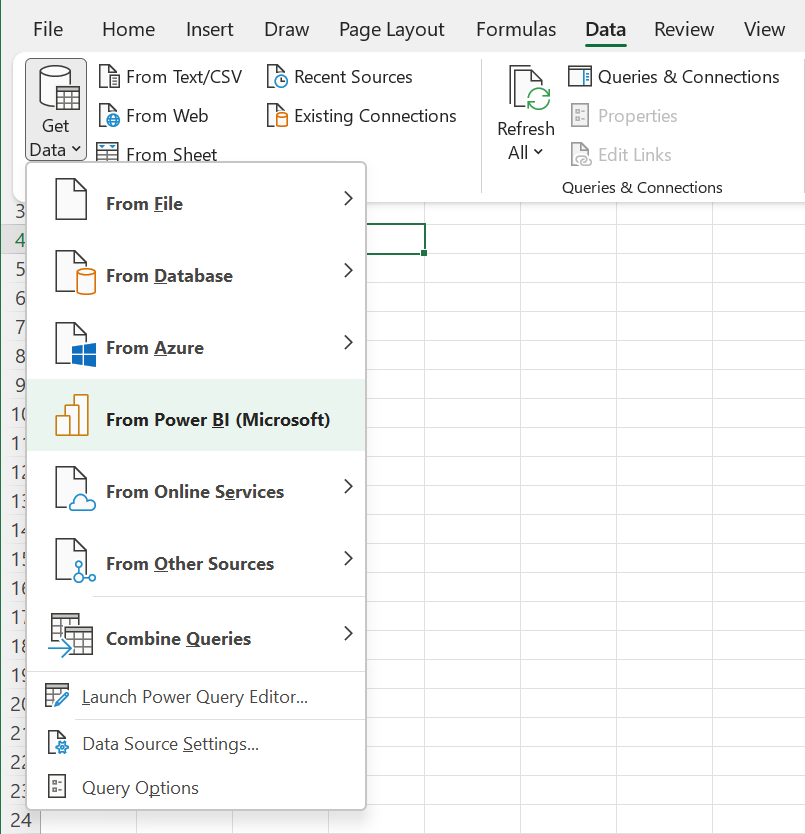 Excel Connect To Power Bi Dataset As Table