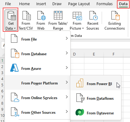 Screenshot showing getting to Power BI data from the Data tab.
