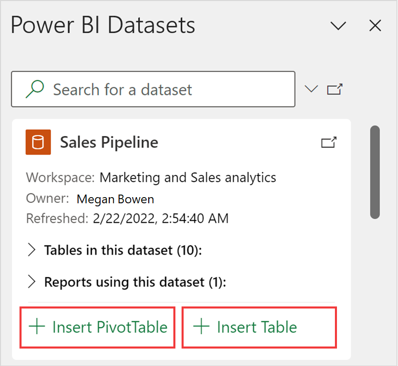 Screenshot showing a semantic model card and Insert PivotTable and Insert Table buttons.