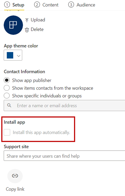 Screenshot shows Power B I Publish app option with Install app automatically selected.