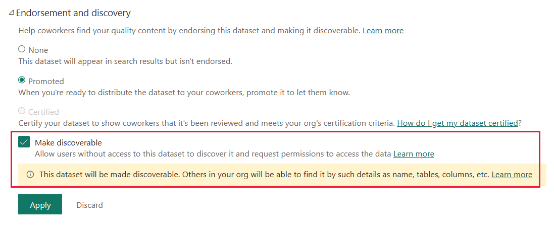 Screenshot of the Make discoverable checkbox in the dataset endorsement and discovery settings.
