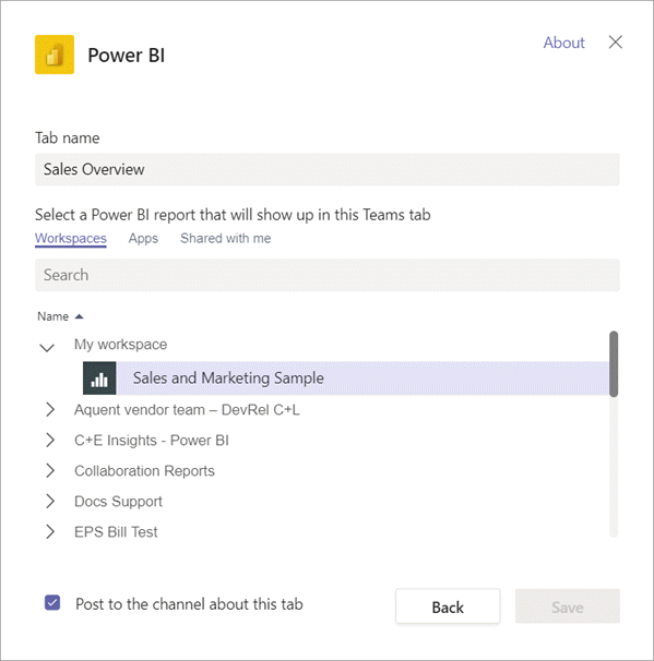 Screenshot of the Power BI tab for Microsoft Teams settings.