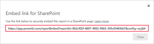 Screenshot of the Embed link dialog with the report link highlighted.