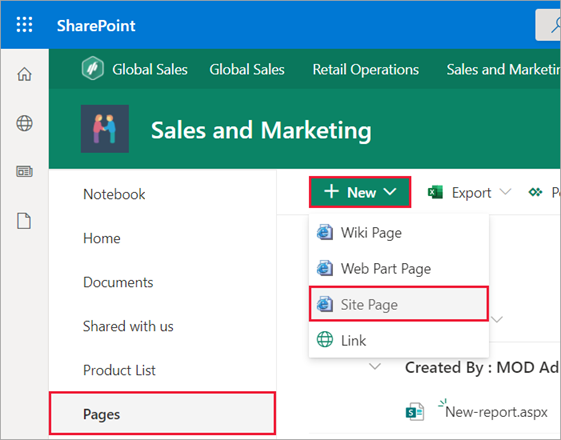 Screenshot of the SharePoint window. Pages is highlighted in the navigation pane. Site page is selected.