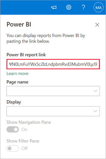 Screenshot of the SharePoint new web part properties with Power BI report link highlighted.
