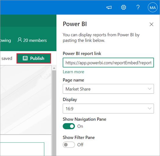 Screenshot of the Power Power BI report link showing the Publish option selected.