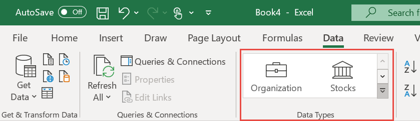 Screenshot of the Data Types gallery in the Excel Data ribbon.