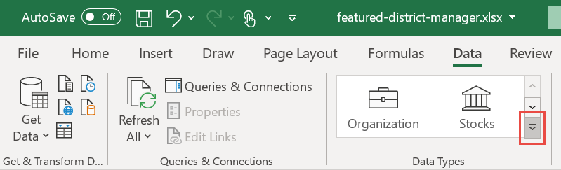 Screenshot of the More icon in Excel Data Types Gallery.