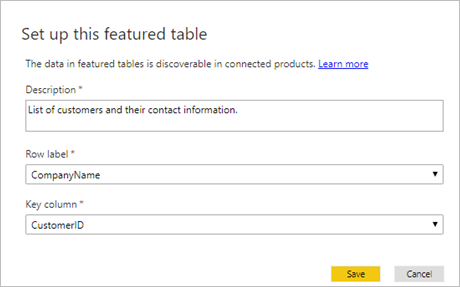 Screenshot that shows how to set up featured table.