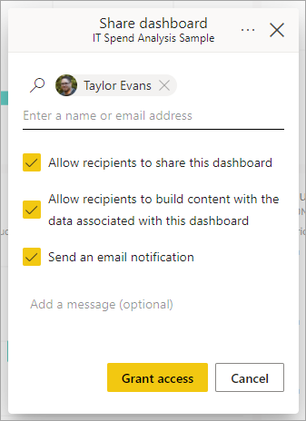 Screenshot of Grant access to a dashboard dialog.