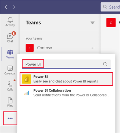 Screenshot of installing the Power BI app in Microsoft Teams.