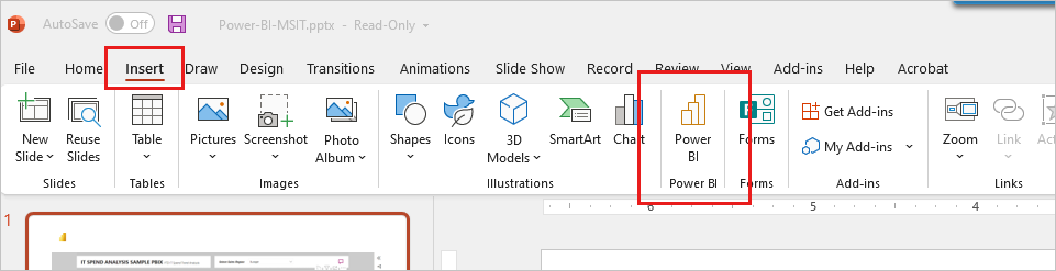 Screenshot of Power BI add-in for PowerPoint button on Insert ribbon.