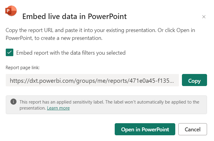 Screenshot of Power BI report embed live data dialog.