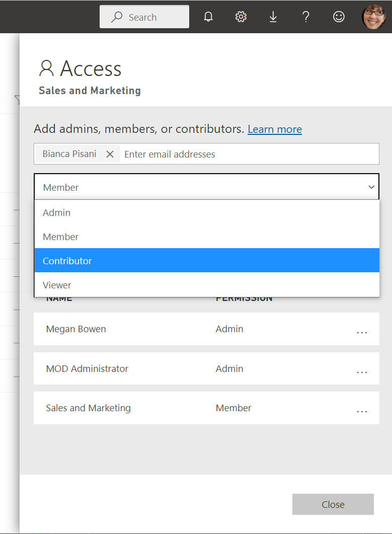 Screenshot of setting roles in the Access dialog of the workspace.