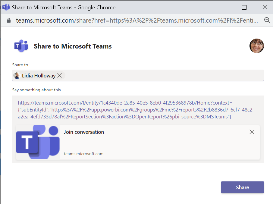 Screenshot that shows the Share to Microsoft Teams dialog.
