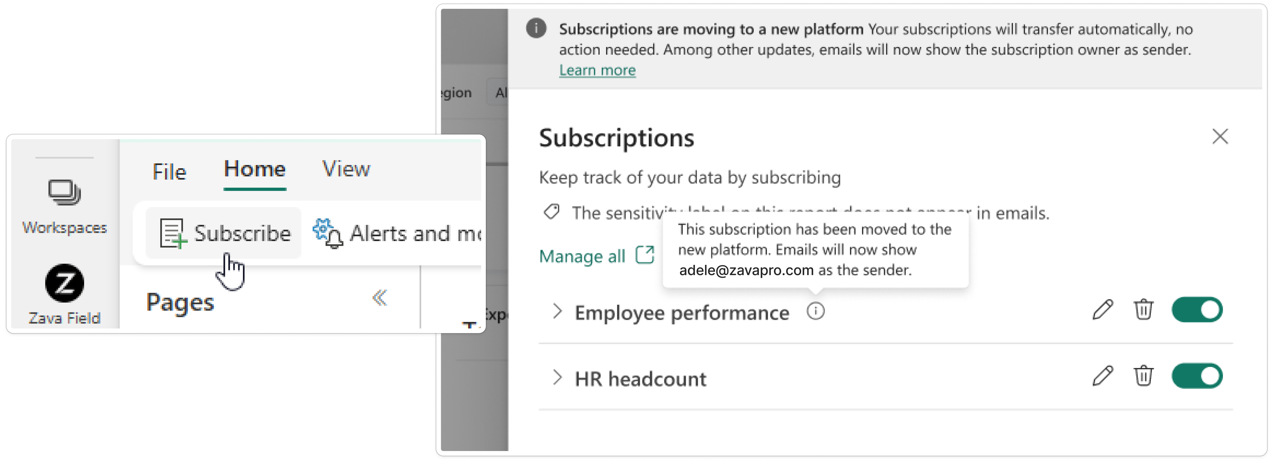 Screenshot of the subscription migration information banner, an information icon beside a subscription, and a tooltip that explains the sender change.