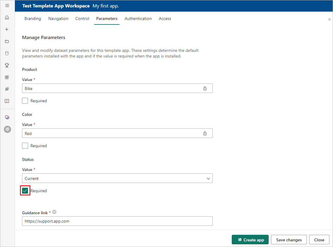 Screenshot of the Required checkbox under Parameters in Power BI template app settings.