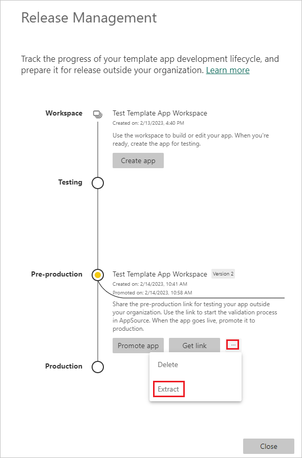 Screenshot of Release Management pane with Extract selected.