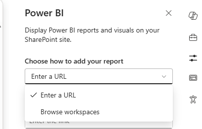 Screenshot of the SharePoint new web part properties with options to select a report.