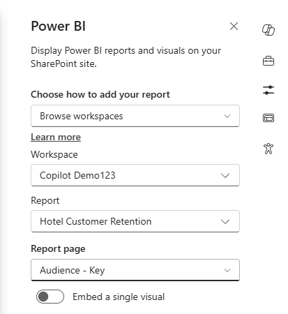 Screenshot of the new option to select workspaces, reports, and report page.
