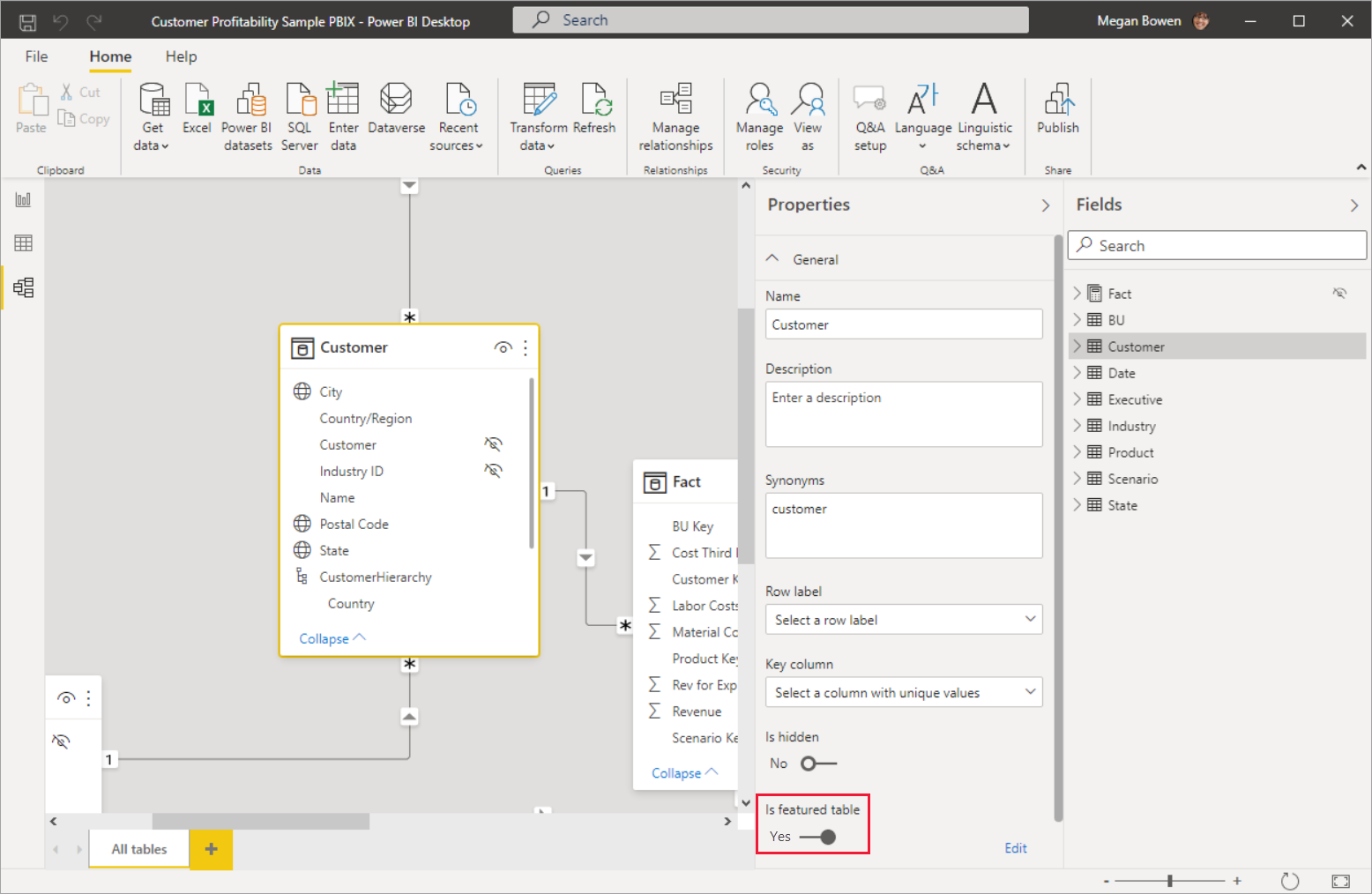 Screenshot showing the Is featured table option.