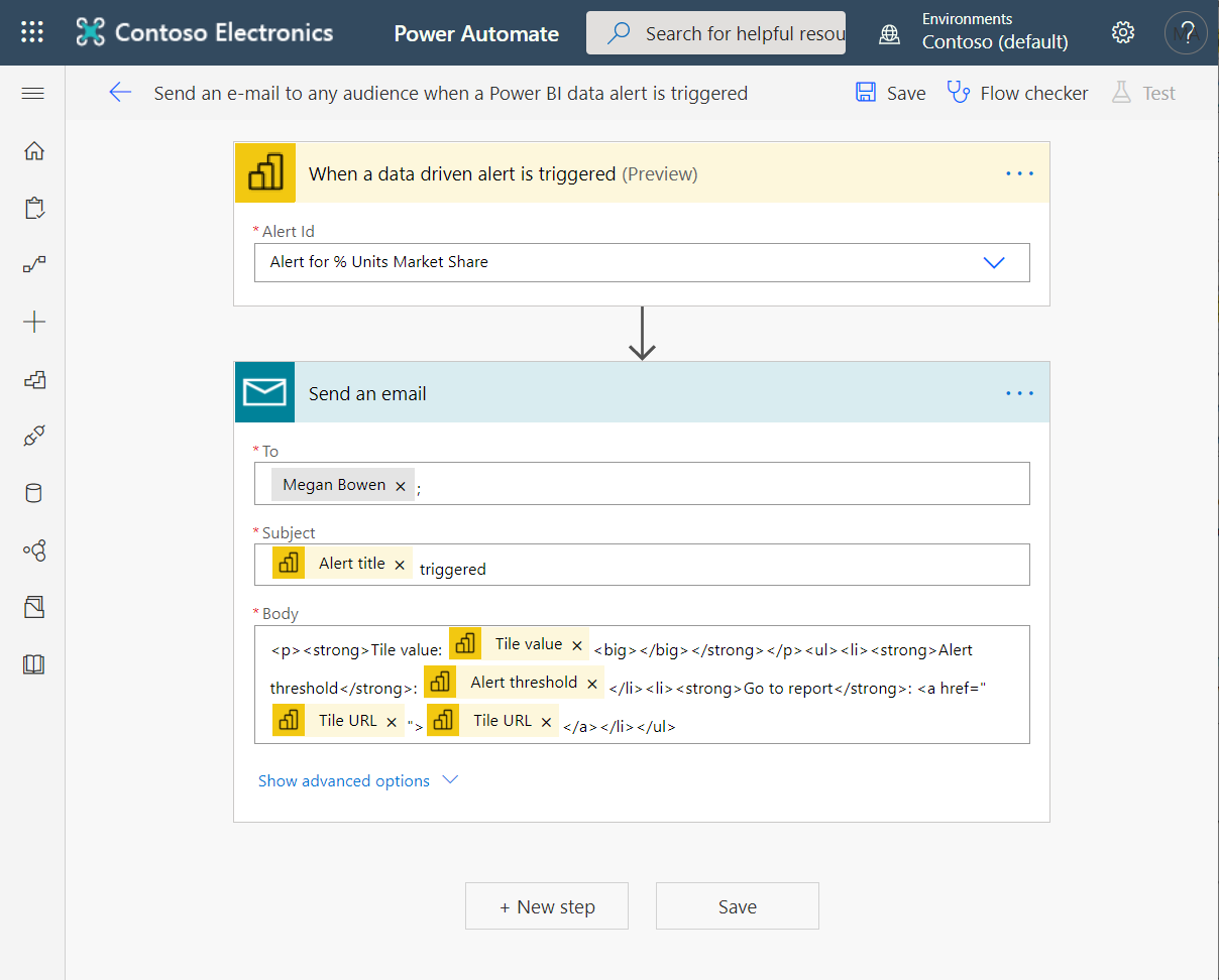 Screenshot of the Power Automate auto-generated email text fields.