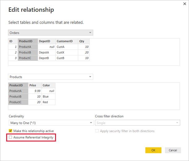 Screenshot of an Edit Relationship dialog to select Assume Referential Integrity.