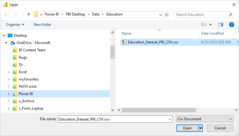 Screenshot of Open dialog where you can browse to a CSV file.