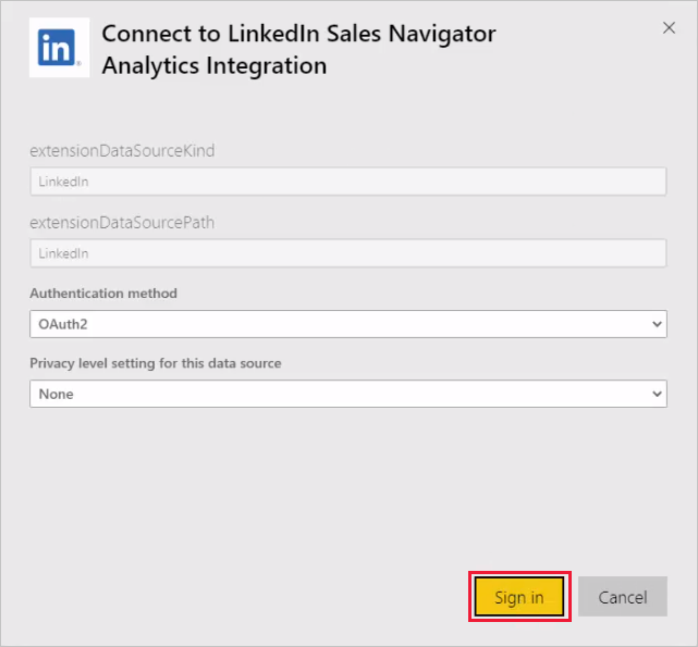 Screenshot shows a dialog where you can sign in to connect to LinkedIn.