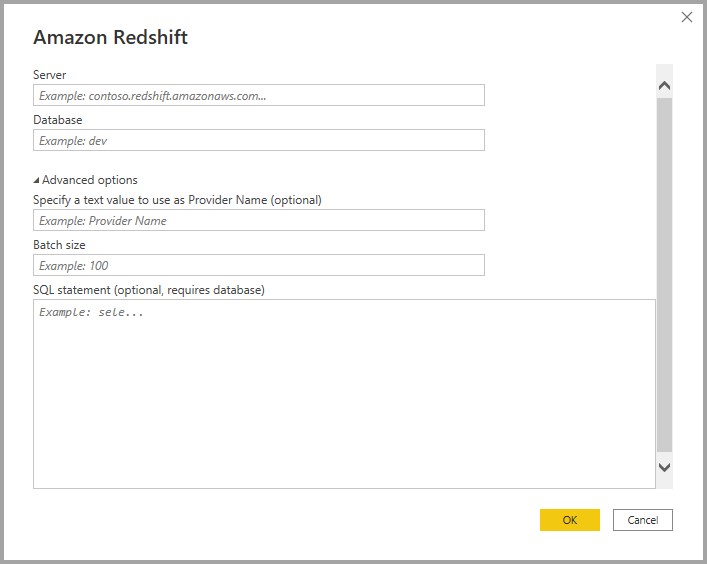 Screenshot of the Amazon Redshift dialog, showing the Server and Database fields.