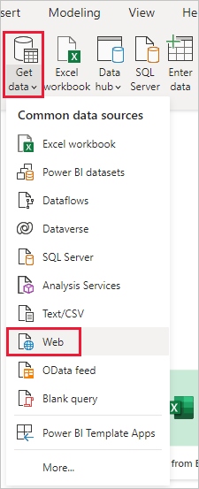 Screenshot of the Power BI Desktop, showing the Web selection.