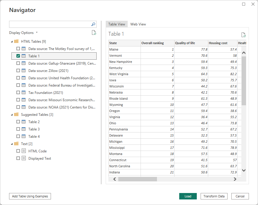 Screenshot of the Navigator dialog, showing a preview of the selected table's data.