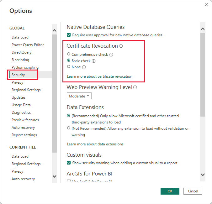 Screenshot shows the Options dialog where you can enable or disable certificate revocation check.