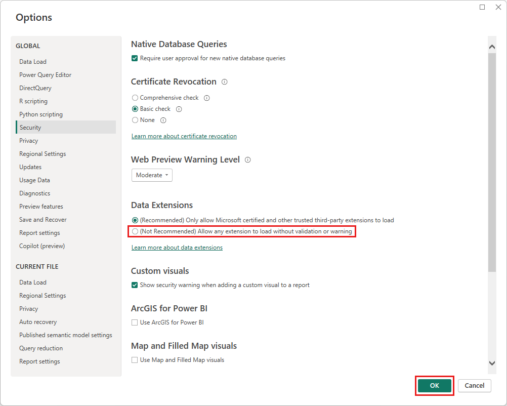 Screenshot that shows allowing non-certified custom connectors in Data Extension Security options.