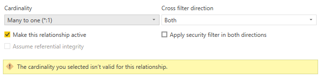 Screenshot of the relationship dialog showing a 'the cardinality you selected isn't valid for this relationship' error, which is related to duplicate values being detected.