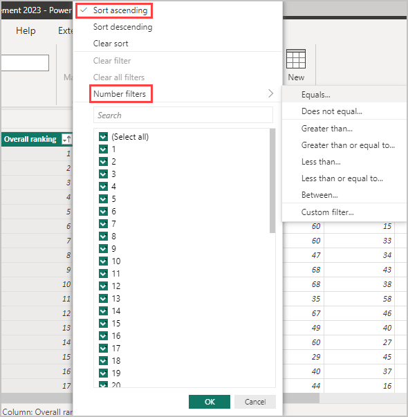Screenshot shows sort and filter options in the Data view in Power BI Desktop.