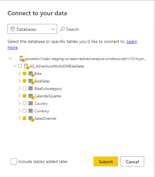 Dialog that allows specifying what tables to load from a Power BI dataset or Analysis Services model.