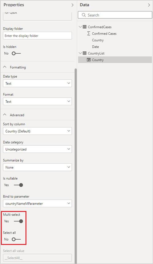 Screenshot that shows an example of a multiselect M parameter.