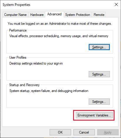 Screenshot of the System Properties window with Environment Variables highlighted.