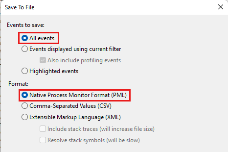 Screenshot of Process Monitor Save to File dialog with All events and Native Process Monitor Format (PML) highlighted.