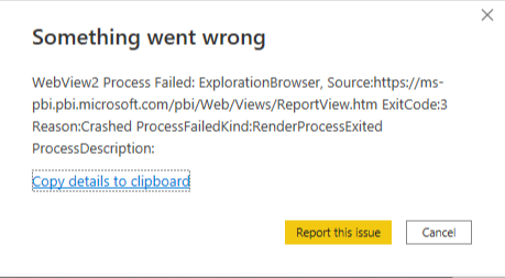 Screenshot of an error message mentioning WebView2.